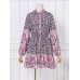 Women Puff Sleeve Floral Printed Lace  Up Button Casual Midi Dresses