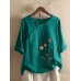 Flower Embroidery O  neck Long Sleeve Button Vintage T  shirts