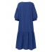 Women Puff Sleeve Pleats Drawstring Ankle Length Solid O  Neck Midi Dresses