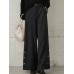 Women Pure Color Side Button Elastic Waist Casual Wide Leg Pants With Pocket