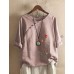 Flower Embroidery O  neck Long Sleeve Button Vintage T  shirts