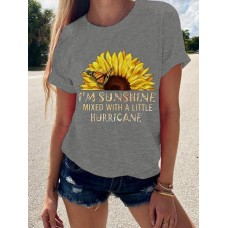 Casual Sunflower Butterfly Letter Print Round Neck Short sleeves T  shirts For Women