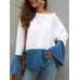 Plus Size Contrast Color One Shoulder Bell Sleeve Knit Sweaters