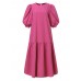 Women Puff Sleeve Calf Length Solid Color Buttons Casual Midi Dresses