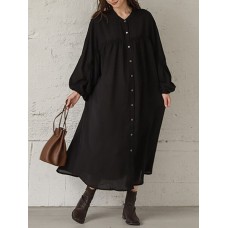 Women Loose Shirt Buttons Solid V  Neck Calf Length Midi Dresses