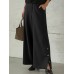 Women Pure Color Side Button Elastic Waist Casual Wide Leg Pants With Pocket