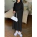 Women Puff Sleeve Sweatshirt Calf Length Front Pocket Side Fork Midi Dress