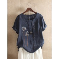 Flower Print O  neck Short Sleeves Button Vintage T  shirts For Women